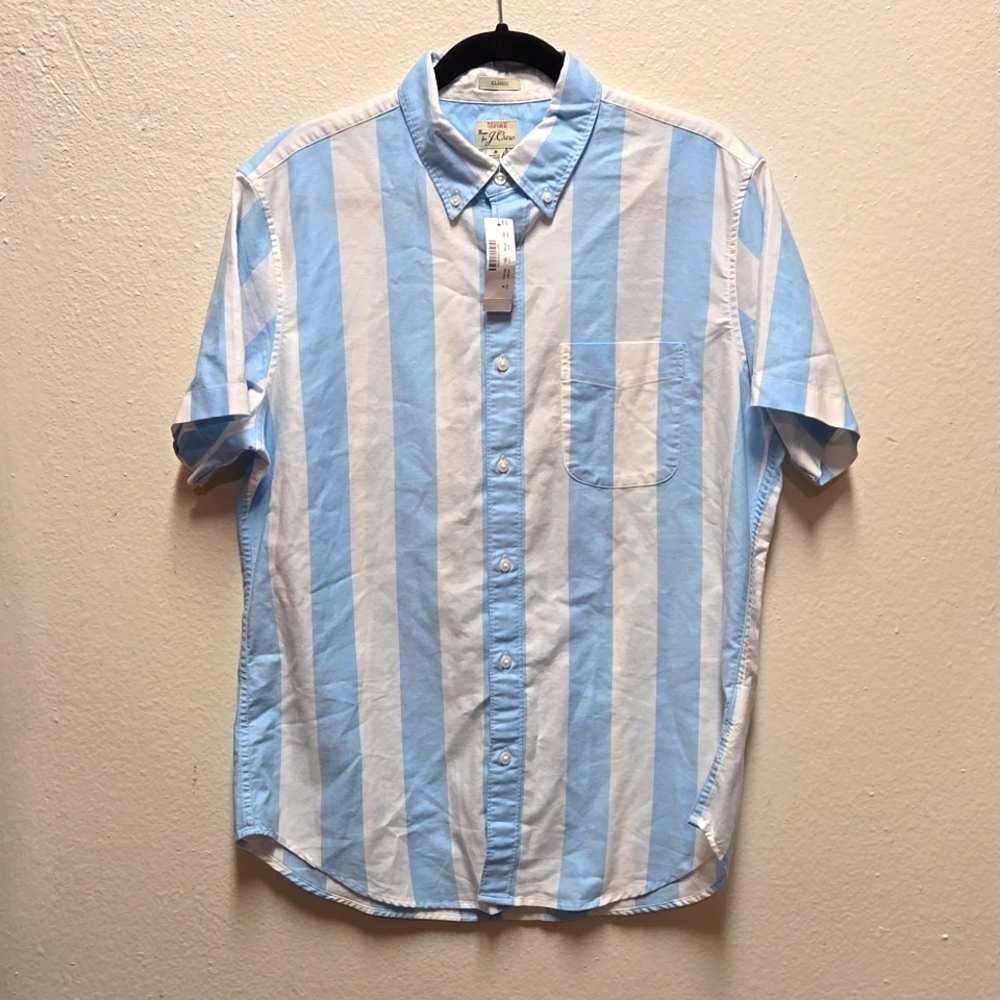 NWT, J Crew short sleeve cotton Oxford shirt, Size M, blue/white